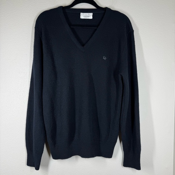 Vintage Christian Dior Sweater Black V Neck Classic Preppy Mens Large - Picture 1 of 5